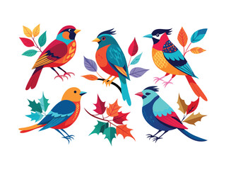 Fototapeta premium Five colorful birds with autumn leaves illustration 