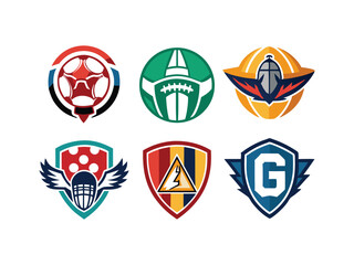 Six unique sport team logos designs with balls and shields
