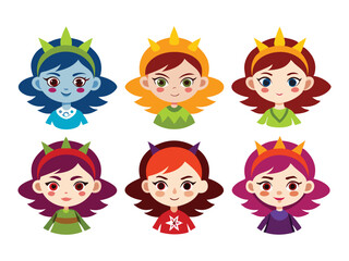 Six cute cartoon girls with colorful hair and crowns
