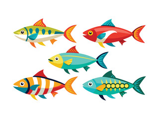 Fototapeta premium Collection of five colorful cartoon fish illustrations 