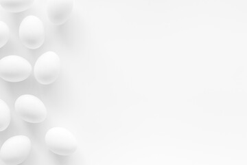 Set of chicken eggs on white background, top view. Food pattern. Easter background