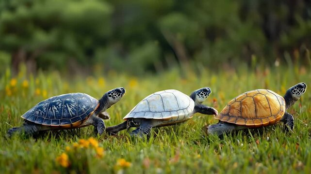 Three Turtles Walking in a Row on Green Grass with Yellow Flowers and Natural Light in Outdoors