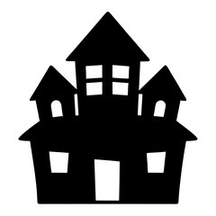 Spooky haunted house silhouette with multiple towers and creepy windows, a Halloween icon