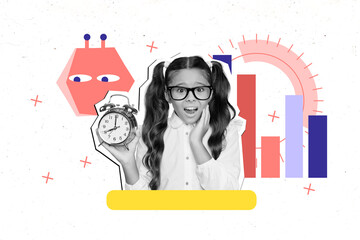 Trend artwork 3D photo collage design of silhouette young girl shocked hold clock hurry eyes watch...