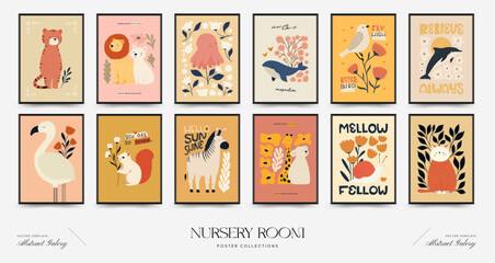 Fototapeta premium Abstract Childrens Room posters template. Modern trendy Kids minimal style. Hand drawn design for wallpaper, wall decor, print, postcard, cover, template, banner.