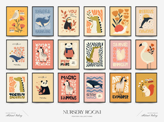 Fototapeta premium Abstract Childrens Room posters template. Modern trendy Kids minimal style. Hand drawn design for wallpaper, wall decor, print, postcard, cover, template, banner.