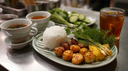 Com tam served with traditional condiments and iced tea on the side, stainless steel table and authentic Saigon vibe