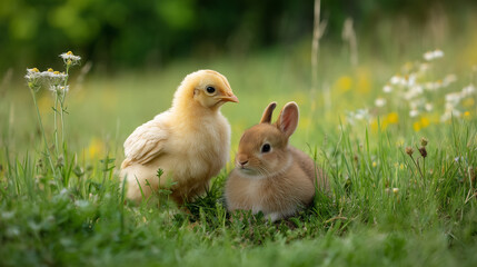 Fluffy chick and small bunny sitting together in a lush spring meadow filled with wildflowers and fresh green grass, with a blurred pastoral background