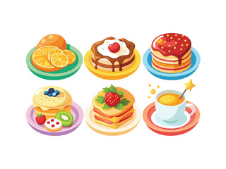 Delicious cakes pancakes and orange slices on plates
