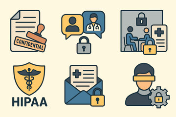 Hipaa and privacy linear icons set – flat, medical compliance symbols