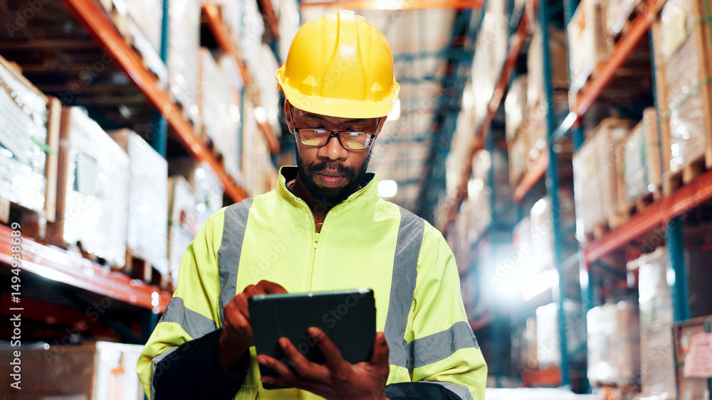 Poster black man, tablet and typing for distribution at warehouse with review for order, contact and invent