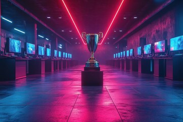 Competitive gaming environment featuring a trophy at night in a futuristic esports arena