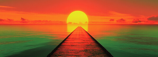 Pathway to Serenity: A Vibrant Sunset Over Calm Waters Reflecting Wooden Pier