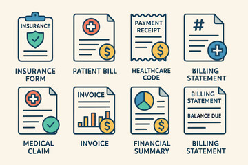 Healthcare and billing outline icons set &ndash; medical, financial, document graphics