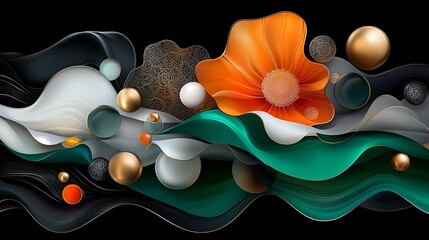 there is a large orange flower sitting on top of a green and white wave