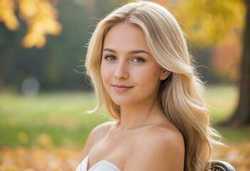 Charming Blonde Woman with Natural Makeup and Wavy Hair in Autumn Setting