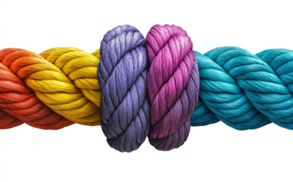 One rope of different colors holding together with a big knot on a white background as a business concept - Powered by Adobe