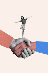 Sketch image trend artwork montage 3D photo collage of gesture symbol body language sign handshake...