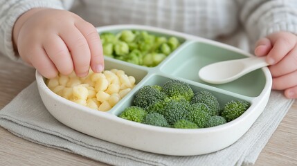 Close-up of a baby's hand reaching for steamed vegetables in a divided plate, promoting healthy eating habits for toddlers