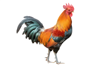 Colorful free range male rooster isolated on white background PNG