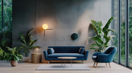 Contemporary living room interior design featuring a blue sofa and lush plants.