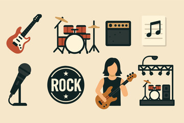 Naklejka premium Music and rock flat icons set – instruments, band, performance symbols