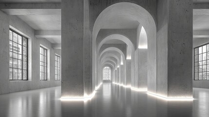 Obraz premium Minimalist architectural interior with tall concrete columns and soft natural light from large windows, featuring clean lines and a monochromatic modern space design