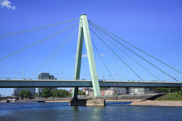 View from the Rhine river to the Severins Bridge in Cologne, Germany