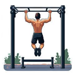 Vector illustration showing back view of body lift on pull up bar on white background, outdoor workout.