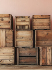 Stacked wooden crates against a peach wall.