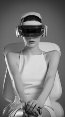 A black-and-white photograph of an attractive woman wearing sleek, futuristic VR goggles with a headset in the shape of visor sunglasses. She is sitting down in front of a chair, wearing a cream.