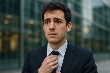 Fototapeta premium Anxious young businessman outdoors, adjusting his tie nervously before a job interview. His facial expression shows worry, captured in an urban corporate setting