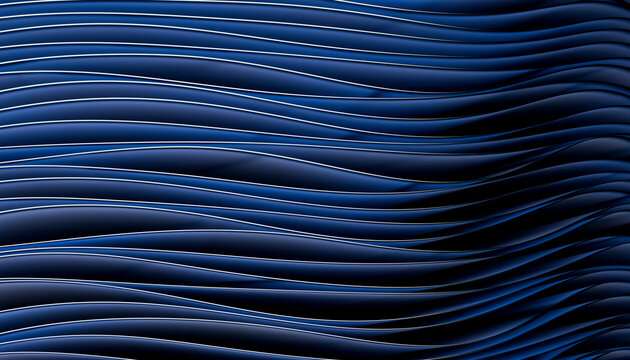 Abstract blue wave-like pattern with glossy surface and flowing lines. Blender 3D illustration
