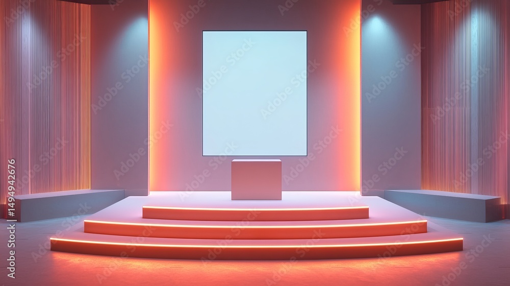 Poster illuminated stage with blank screen and cube on display with orange and blue lighting effects