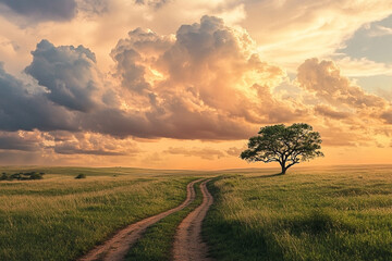 Picturesque landscape with a winding path, lonely tree, and dramatic sky formation