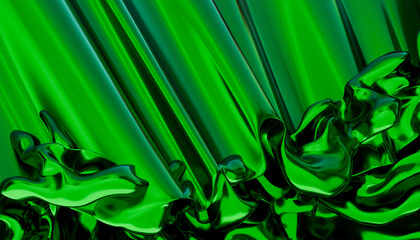 Shiny metallic green abstract waves with a smooth flowing design. Illustration, Blender 3D rendering