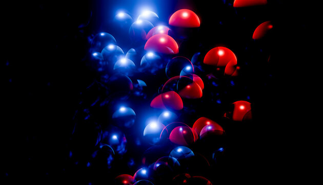 Abstract glowing red and blue spheres against a dark background creating a dynamic light display. Blender illustration