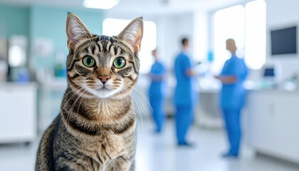 Cute tabby cat in focus at veterinary clinic with blurred background