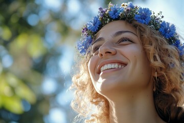 Sunny daylight. Happy summertime creative. Happy lovely middle eastern adult woman with blond hair wearing blue flower circlet on her head. Bright and cheerful female portrait.