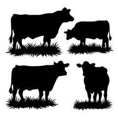 Set of black cow and calf silhouettes in various poses and profiles, isolated on white background. Ideal for farming, livestock, or agricultural design themes.