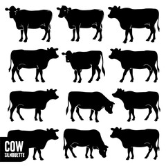 Set of black cow and calf silhouettes in various poses and profiles, isolated on white background. Ideal for farming, livestock, or agricultural design themes.