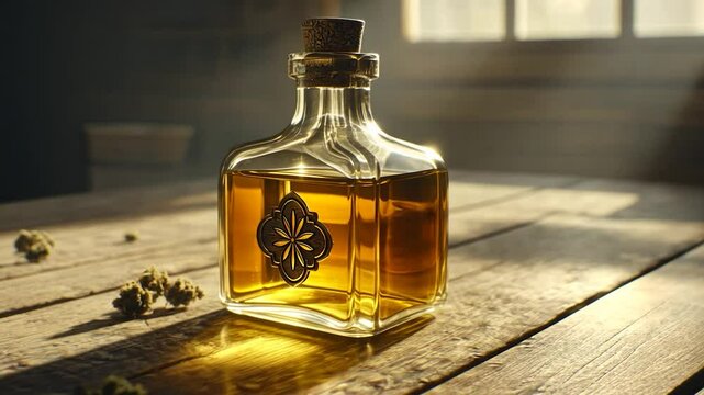 Amber glass bottle with floral emblem on a wooden table