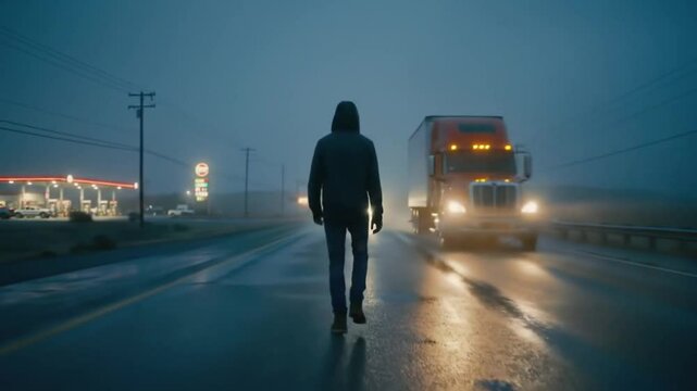 Man walking alone on wet road with truck approaching in foggy atmosphere  