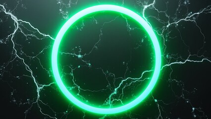 Neon green circle frame on dark marble background with lightning