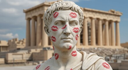 Marble statue with red lipstick marks on its face
