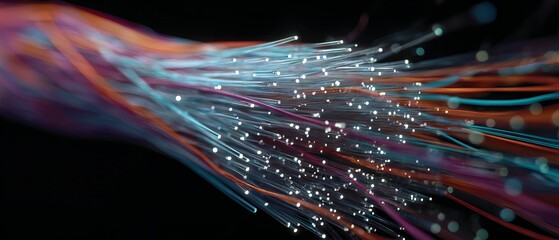 Illuminated multicolor fiber optic cables transmitting high-speed data pulses into a sleek digital network hub with glowing binary code overlay on a dark futuristic background