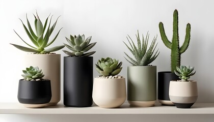 Arrangement of potted succulents and cacti in various planters on a white shelf against a white wall