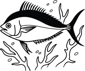 Obraz premium Black and White Tuna Illustration: A detailed illustration of a tuna swimming through a coral reef, captured in striking black and white tones. The intricate details of the fish's scales and fins.