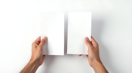 Obraz premium Man holds two blank white pieces paper side by side presenting empty mockup design area document business message copy space project presentation idea concept template