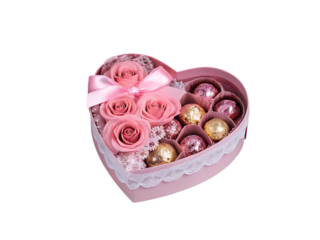 Valentine box with roses and chocolate  isolated on white background PNG 